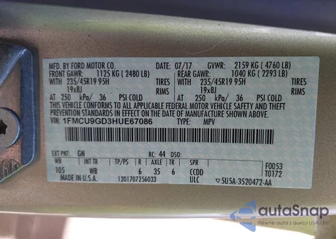 2017 Ford Escape Se z USA, uszkodzony, nr VIN 1FMCU9GD3HUE67086